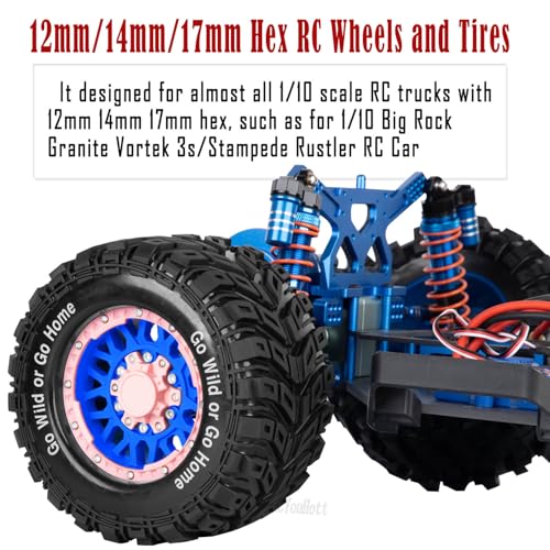 RC Truck Tires Wheel for 1/10 Big Rock Granite Vortek 3s / Stampede Rustler RC Car,4-Pack RC Wheels Tires Plastic Wheels w/12mm/14mm/17mm Replaceable Hex,Blue-Pink - color: Blue-pink- (Rc Tires Wheel)