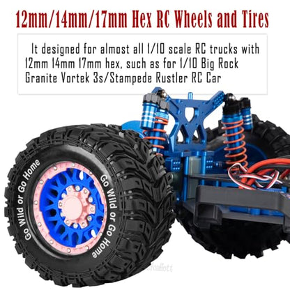 RC Truck Tires Wheel for 1/10 Big Rock Granite Vortek 3s / Stampede Rustler RC Car,4-Pack RC Wheels Tires Plastic Wheels w/12mm/14mm/17mm Replaceable Hex,Blue-Pink - color: Blue-pink- (Rc Tires Wheel)