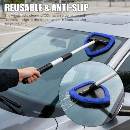 Windshield Cleaner Tool, Windshield Cleaning Tool, Car Window Detailing Cleaning Kit with Extendable Handle and Reusable Microfiber Pads, Auto Glass Wiper Brush for Car Office Home (Blue) - color: Blue