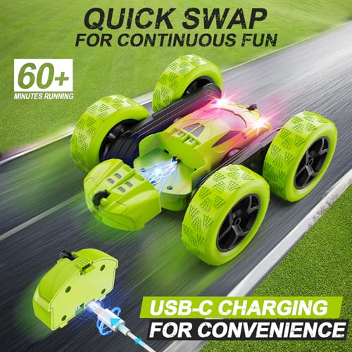 QUNREDA Remote Control Car for Kids Ages 6+, RC Cars Stunt Car Toy 4WD Double Sided 360° Rotating Remote Control with Headlights, Birthday Xmas Gifts for Boys 6 7 8 9 10 11 12 Green - color: Green