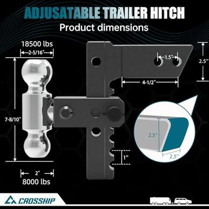 Adjustable Trailer Hitch - Heavy Duty Aluminum Drop Drawbar Hitch - Fits 2.5" Receiver, 8" Drop/Rise, for Truck, SUV, RV(18500 Lbs GTW) - color: Black, size: 2.5" 8 Drop-Dual Ball