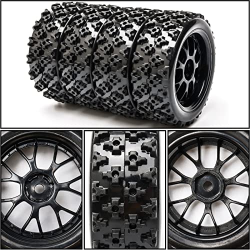 4 Pcs Black 1:10 Scale RC Tires Wheel Rims | Split-type Tires, ABS Wheels + Rubber Tires, 12mm Hex, Raised Tread Pattern, Shock Absorption, Anti-Slip, Strong Grip