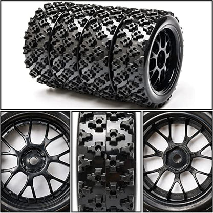 4 Pcs Black 1:10 Scale RC Tires Wheel Rims | Split-type Tires, ABS Wheels + Rubber Tires, 12mm Hex, Raised Tread Pattern, Shock Absorption, Anti-Slip, Strong Grip