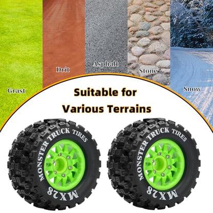 2.8" RC Tires with 12mm/14mm Hex Adapter 1/10 Scale RC Truck Tires RC Wheels and Tires Set for Traxxas Arrma Rustler Stampede 4PCS (Green) - Not Glued - color: Green