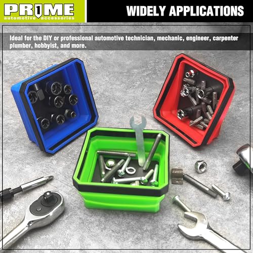 PR1ME Upgrade Collapsible Magnetic Parts Tray Set, 3 Pack, Foldable Magnetic Tool, 4.25 inch Square Silicone Bowls with Magnetic Base Stores and Organizes Small Parts and Tools - size: Upgrade Trays