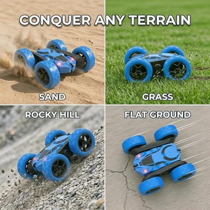 RC Car 2.4GHz 360° Spin Off-Road Stunt Vehicle with 2 Rechargeable Batteries + USB Charging Cable, Full Terrain Remote Control Truck for Kids