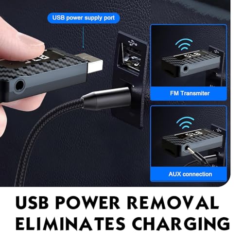 Car USB Bluetooth Receiver, HD LED Display FM Transmitter Audio Adapter, DC 5V Plug and Play Adjustable Frequency Bluetooth Receiver with AUV Connector, for Most Cars Home (Black)