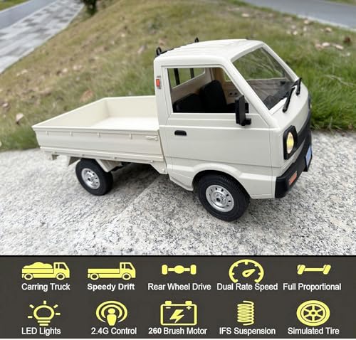 WPL D12 RC Kei Truck 1/10 Scale RC Car Remote Control Drift Car | Off Road Pickup RTR 2.4GHz Rear Wheel Drive 260 Motor Full Proportional Hobby Toy Adult 2 Batteries