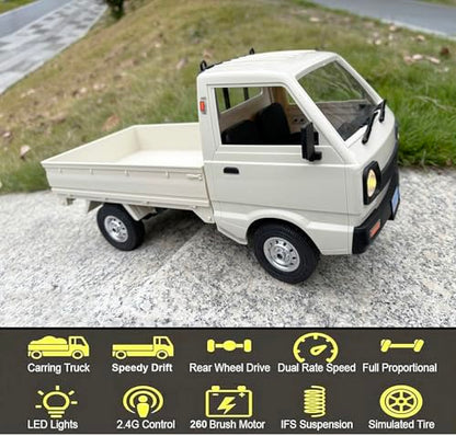 WPL D12 RC Kei Truck 1/10 Scale RC Car Remote Control Drift Car | Off Road Pickup RTR 2.4GHz Rear Wheel Drive 260 Motor Full Proportional Hobby Toy Adult 2 Batteries