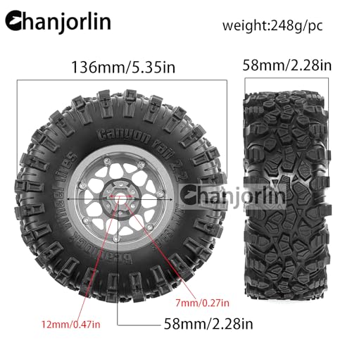 2.2 inch RC Crawler Tires and Beadlock Wheels Rims OD 5.35'' 1:10 Soft Rubber Mud All Terrain Tyres for 1/10 1/8 Rock Crawler Car Traxxas TRX4 Axial SCX10 II RC4WD CC01 Gen8 (Silver) - color: Silver