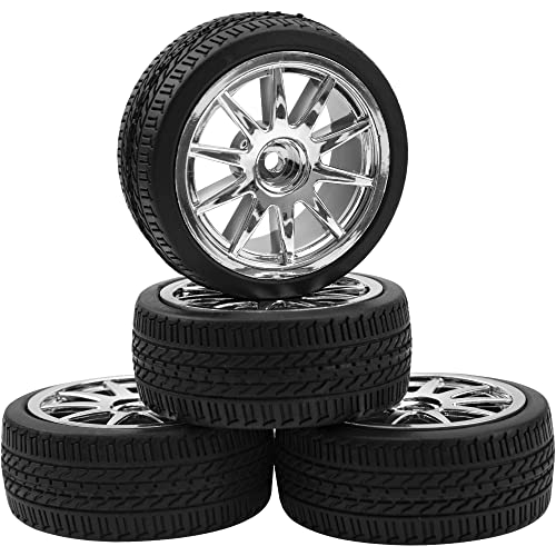 4Pcs 2.55in Rubber Tires & 12mm Hex Plastic Wheel Rims Set 10-Spoke w/Foam Compatible with Traxxas Kyosho HPI Tamiya TT02 1/10 RC On-Road Touring Car