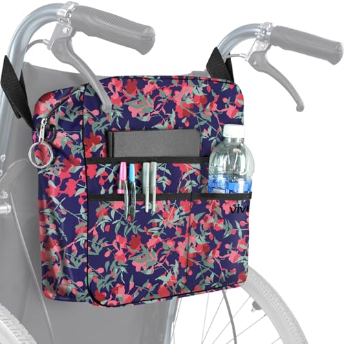 Vive Wheelchair Bag - Machine Washable, Double-Stitched, Water-Resistant Accessory Backpack for Rollators, Wheel Chairs, Walkers - Pouch with XL Pockets & Straps for Quick Installation - color: Pink Floral