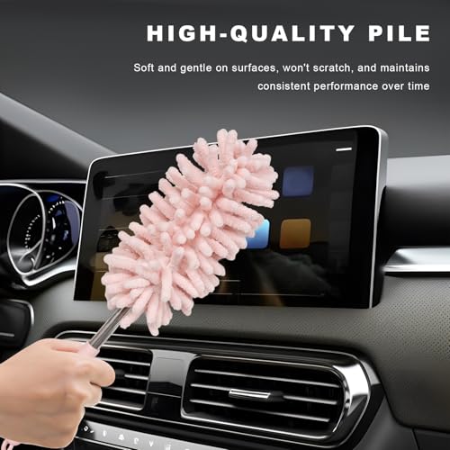 2PCS Car Interior Duster with Extension Pole, 11.8" to 30.5" Retractable Duster Washable Long Handle Cleaning Tool, Soft Chenille Detailing Brush for Auto Dash Vent Window (Light Pink) - color: Light Pink