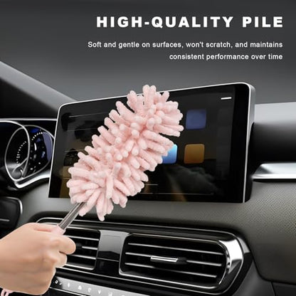2PCS Car Interior Duster with Extension Pole, 11.8" to 30.5" Retractable Duster Washable Long Handle Cleaning Tool, Soft Chenille Detailing Brush for Auto Dash Vent Window (Light Pink) - color: Light Pink