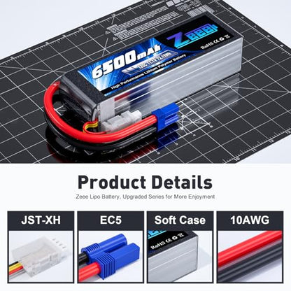 Zeee 3S Lipo Battery 6500mAh 11.1V 120C Soft Pack RC Battery with EC5 Connector for Helicopter Airplane Quadcopter RC Airplane RC Car Truck Boat(2 Pack)