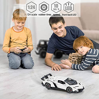 Remote Control Car Lamborghini Licensed 1:24 RC Car 2.4G,White | Veneno Officially Licensed LED Lights Toy RC Cars Model Vehicle for Boys 6,7,8 Years Old - color: White