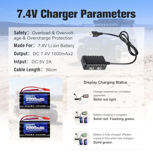 2000mAh 7.4 V Li-ion Battery with JST Plug 2S Rechargeable RC Battery with 1 to 2 USB Charger Fit for RC Helicopter Car Truck and RC Boats