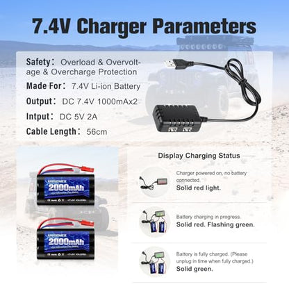 2000mAh 7.4 V Li-ion Battery with JST Plug 2S Rechargeable RC Battery with 1 to 2 USB Charger Fit for RC Helicopter Car Truck and RC Boats