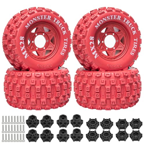 LRFHL MX28 F/R 2.8" RC Monster Truck Tires and Wheels 4PCS, Red | 12mm/14mm Hex Adapter, 1/10 RC Monster Truck, Compatible with Traxxas Stampede Rustler Redcat Arrma Vorteks Big Rock Granite - color: Red Tires+ Red Hex Wheel-3
