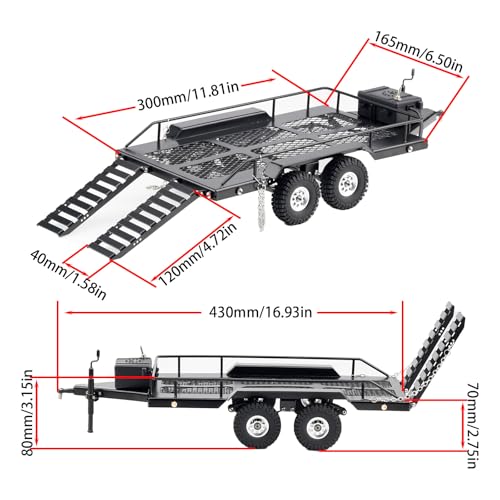 DJX RC Trailer Metal Hitch Mount Trailer with Led Light for TRX-4M FCX18 F150 Redcat Ascent18 HPI Venture-18 SCX24 AX24 FCX24 Etc 1/18 1/24 Upgrades Parts Accessories - style: 1/18 RC Trailer