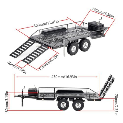 DJX RC Trailer Metal Hitch Mount Trailer with Led Light for TRX-4M FCX18 F150 Redcat Ascent18 HPI Venture-18 SCX24 AX24 FCX24 Etc 1/18 1/24 Upgrades Parts Accessories - style: 1/18 RC Trailer