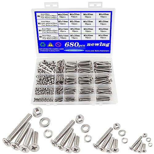 newlng 680pcs M3 M4 M5 M6 Flat Head Phillips Machine Screws with Nuts & Washers Kit 304 Stainless Steel Bolts and Nuts Washers Cross Countersunk Head Screws for DIY Repair Fixing Accessories - size: M3456-2