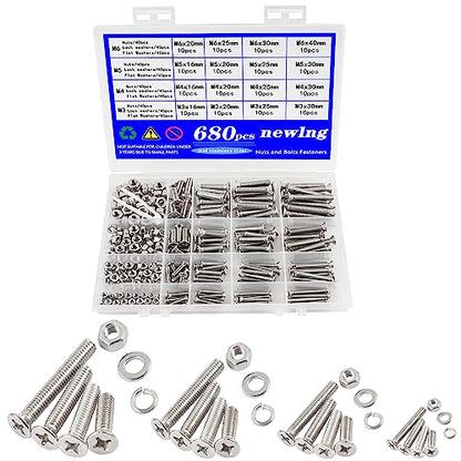 newlng 680pcs M3 M4 M5 M6 Flat Head Phillips Machine Screws with Nuts & Washers Kit 304 Stainless Steel Bolts and Nuts Washers Cross Countersunk Head Screws for DIY Repair Fixing Accessories - size: M3456-2