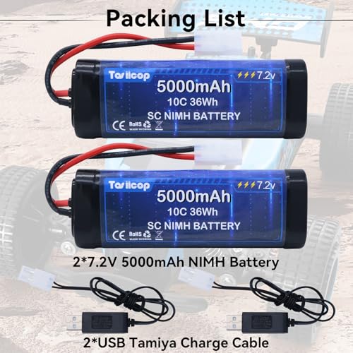 7.2V 5000mAh NIMH Battery 2 Packs - 7.2 Volt RC Rechargeable Batteries with Tamiya Plug Connector for Remote Control Car Monster Trucks Buggy Truggy Boat Tank and Related Series