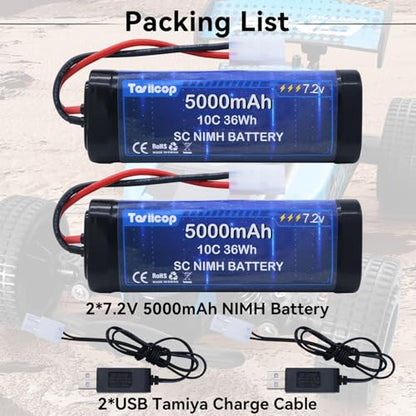 7.2V 5000mAh NIMH Battery 2 Packs - 7.2 Volt RC Rechargeable Batteries with Tamiya Plug Connector for Remote Control Car Monster Trucks Buggy Truggy Boat Tank and Related Series