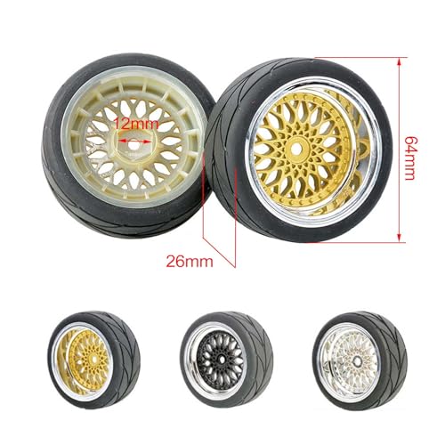 4PCS/Set 64mm Rubber Tires & Plating Plastic Wheels Rims Replacement Part for 1/10 RC On-Road Touring Car Racing Car (Gold, Offset 3mm) - color: Gold, size: Offset 3mm