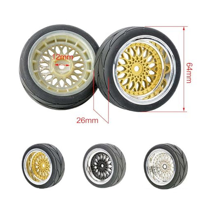 4PCS/Set 64mm Rubber Tires & Plating Plastic Wheels Rims Replacement Part for 1/10 RC On-Road Touring Car Racing Car (Gold, Offset 3mm) - color: Gold, size: Offset 3mm