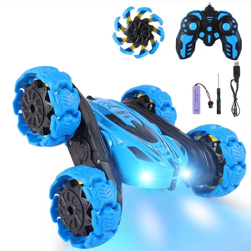 RC Stunt Car, 360° Flips & Double-Sided Remote Control Truck with LED Lights, 2.4GHz High Speed All Terrain Off-Road Toy Car, Gift for Boys Girls Kids Ages 6-12 (Blue) - color: Blue