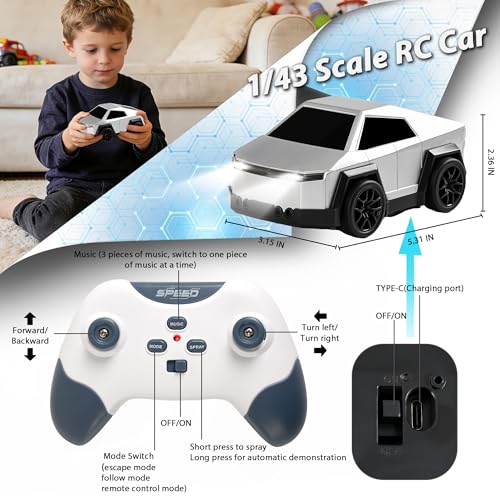 Remote Control Car Cyber-Inspired Rc Cars Toys with Drift Spray Lights Sound Automatic Follow 2.4GHz Rc Truck Toys for 3+ Boys Pet - color: Silver