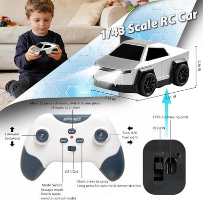 Remote Control Car Cyber-Inspired Rc Cars Toys with Drift Spray Lights Sound Automatic Follow 2.4GHz Rc Truck Toys for 3+ Boys Pet - color: Silver