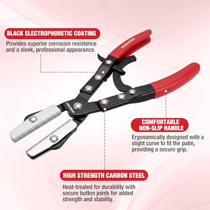 WORKPRO 10" Ratcheting Hose Pinch Off Pliers, Locking Hose Clamp Pliers | Ergonomic Grip for Radiator, Coolant, Automotive, Fuel Lines - Easy One-Handed Operation, Adjustable Jaw - color: Red