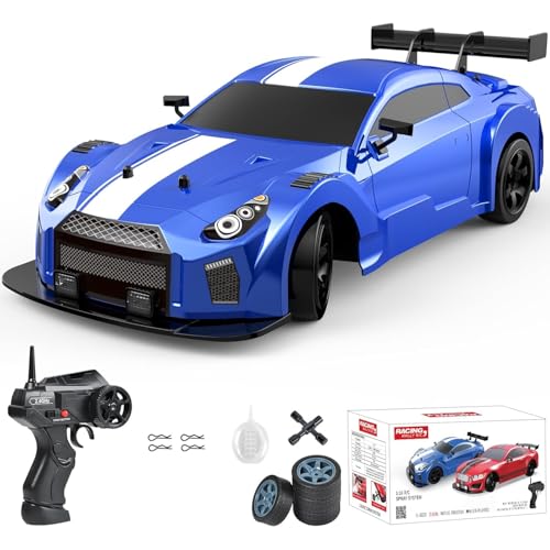 Dollox RC Drift Car 1/16 Scale Remote Control Car 2.4GHz 4WD High Speed 18+KM/H Race Car with LED Light and Spray, Extra Drifting Tires Racing Vehicle Toy Birthday Gifts for Adults Boys, 2 Batteries - color: Blue