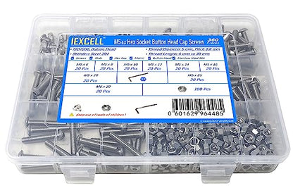 iexcell 360 Pcs M5 x 6/8/10/12/14/16/20/25/30 Stainless Steel 304 Hex Socket Button Head Cap Screws Bolts Nuts Assortment Kit - size: M5 x 6/8/10/12/14/16/20/25/30mm