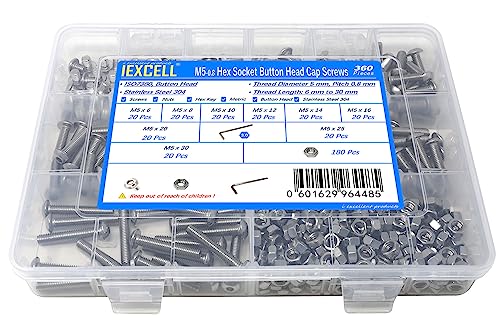 iexcell 360 Pcs M5 x 6/8/10/12/14/16/20/25/30 Stainless Steel 304 Hex Socket Button Head Cap Screws Bolts Nuts Assortment Kit - size: M5 x 6/8/10/12/14/16/20/25/30mm