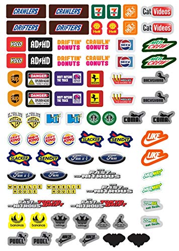 Bumper/Window Decals for RC Scale cralwer Accessory - Funny 80pc Parody Set - for: Axial SCX10 II RC4WD Redcat Gen8 TRX4 Vanquish VS4-10 Stickers