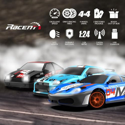 RACENT 1:24 Scale RC Drift Car, 10MPH 4WD Remote Control Car with LED Light, Racing and Drifting Wheels, 2 Rechargeable Batteries, Toy for Boys, Girls, Kids (Blue) - color: Cyan, size: 1:24 Scale