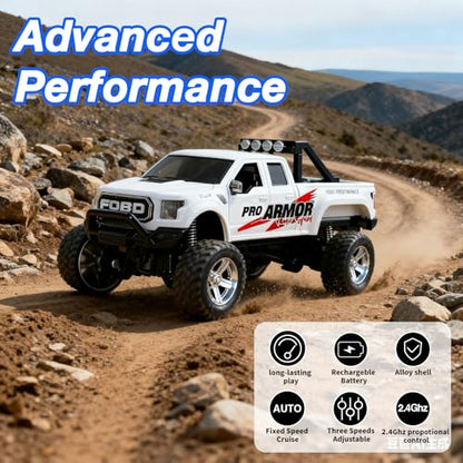 Mini RC Truck, 1/64 Scale Alloy Monster Truck Remote Control Car | 2.4GHz Control, LED Lights, 3-Speed Settings, Cruise Control,Adjustable Steering, Indoor Outdoor Toy for Kids Adults - color: White