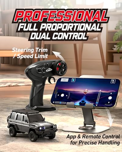 ARRIS 1/43 Desktop RC Crawler 4WD with Full Proportional Control | Smart App Control, Independent Suspension, Two Body Shells, LED Lights, Mini Trail Fun - color: Grey