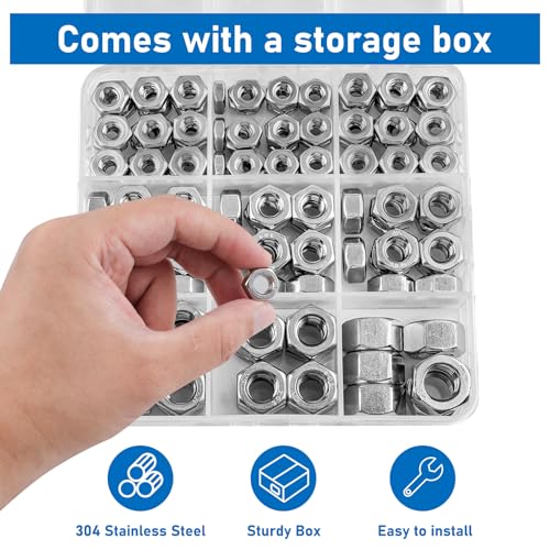 SAE Hex Nuts, 178 Pack 304 (A2-70) Stainless Steel Hardware Nuts | #6-32#8-32#10-24 1/4"-20 5/16"-18 3/8"-16 Standard Inch Coarse Thread Nuts - color: Silver, size: SAE
