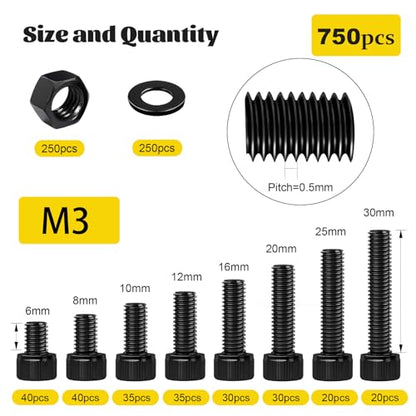 750PCS M3 Screws Assortment Kit, M3x6/8/10/12/16/20/25/30 mm Hex Socket Head Bolts, Nuts & Washers Assorted Set - 12.9 Alloy Steel Black Zinc Plated M3 Screw for 3D Printer,DIY - size: M3 750pcs