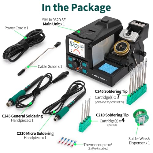 YIHUA 982D SE 200W Micro Soldering Kit with Precision Soldering Iron Station with 11 Soldering Tips, Lead-Free Solder, Auto Temperature Calibration Function