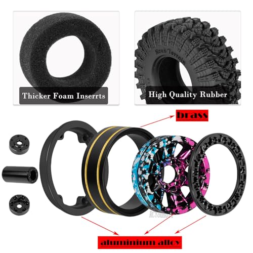 RC 1.3" Beadlock Tires Wheels for 1/18 1/24 Trx4m SCX24 FCX24 Ascent-18 RC Crawler Car,4pcs 1.3 Inch Wheel Rim Soft Rubber Tires,Colorful - color: Colorful-(1.3" Beadlock Tires）