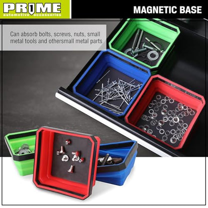 PR1ME Collapsible Magnetic Parts Tray Set, Foldable Magnetic Tray, 3 Pieces 4.25 inch Square Silicone Bowls with Magnetic Base Stores and Organizes Small Parts and Tools - size: Basic Trays