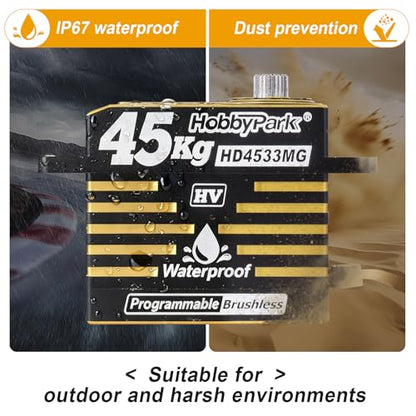 HobbyPark Waterproof RC Servo High Torque Brushless Motor Metal Gear Digital Servo Aluminum Case for 1/8 1/10 RC Crawler SCX10 TRX4 RC Truck Car Buggy RC Basher Control Angle 180° HV (45kg Torque)