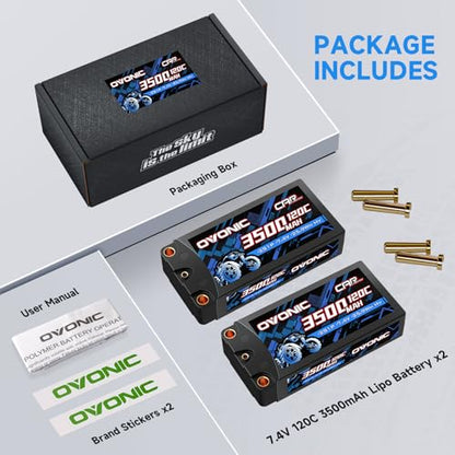 OVONIC 2S HardCase Lipo Battery 7.4V 3500mAh 120C with 5.0 Bullet Dean-Style T Connector for RC Car Truck Vehicles Boat Drone Airplane Quadcopter Helicopter FPV Racing Hobby Models 2 Batteries
