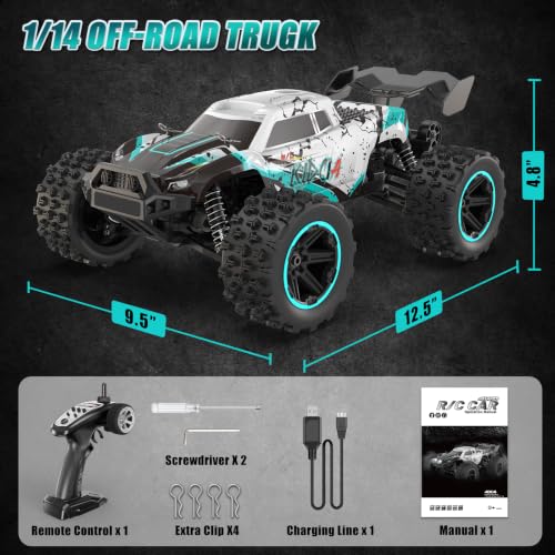 1:14 RC Cars for Adults & Teens, 50 KM/H 4WD Offroad Remote Control Car, 60 Mins Runtime, All-Terrain Fast RC Truck with Two 2000mAh Rechargeable Batteries